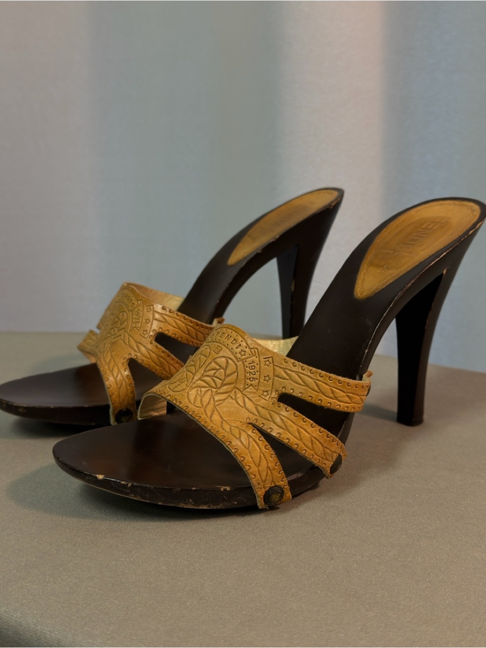 Fendi Tan Leather Embossed High Heel Slide Heels